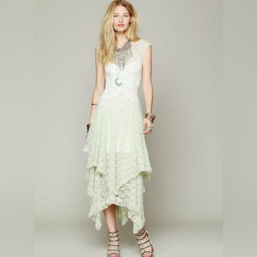 Free People Intimately Green French Courtship Lace Boho Maxi Slip Dress L cream